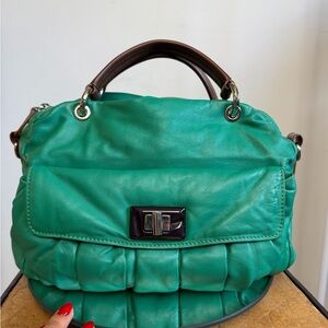 Marni Green Pleated Leather Shoulder Bag with Brown Top Handle
